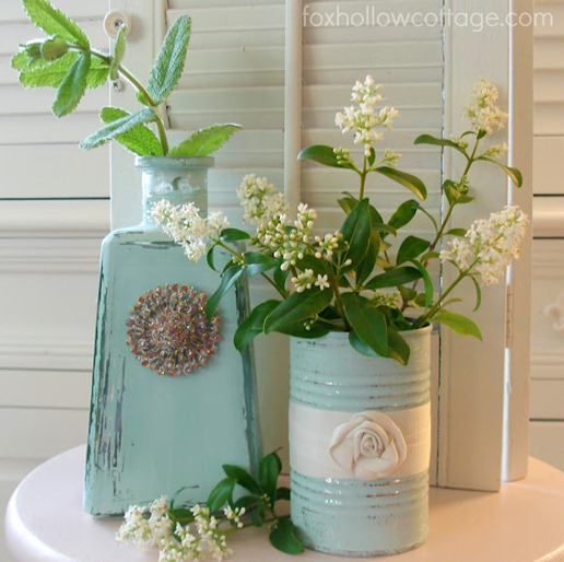 shabby painted home decor can and bottle