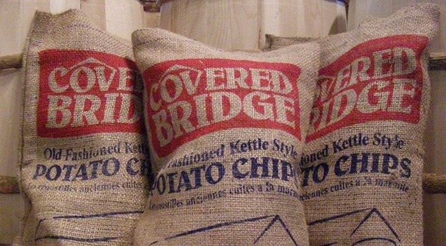 covered bridge chips in burlap bag